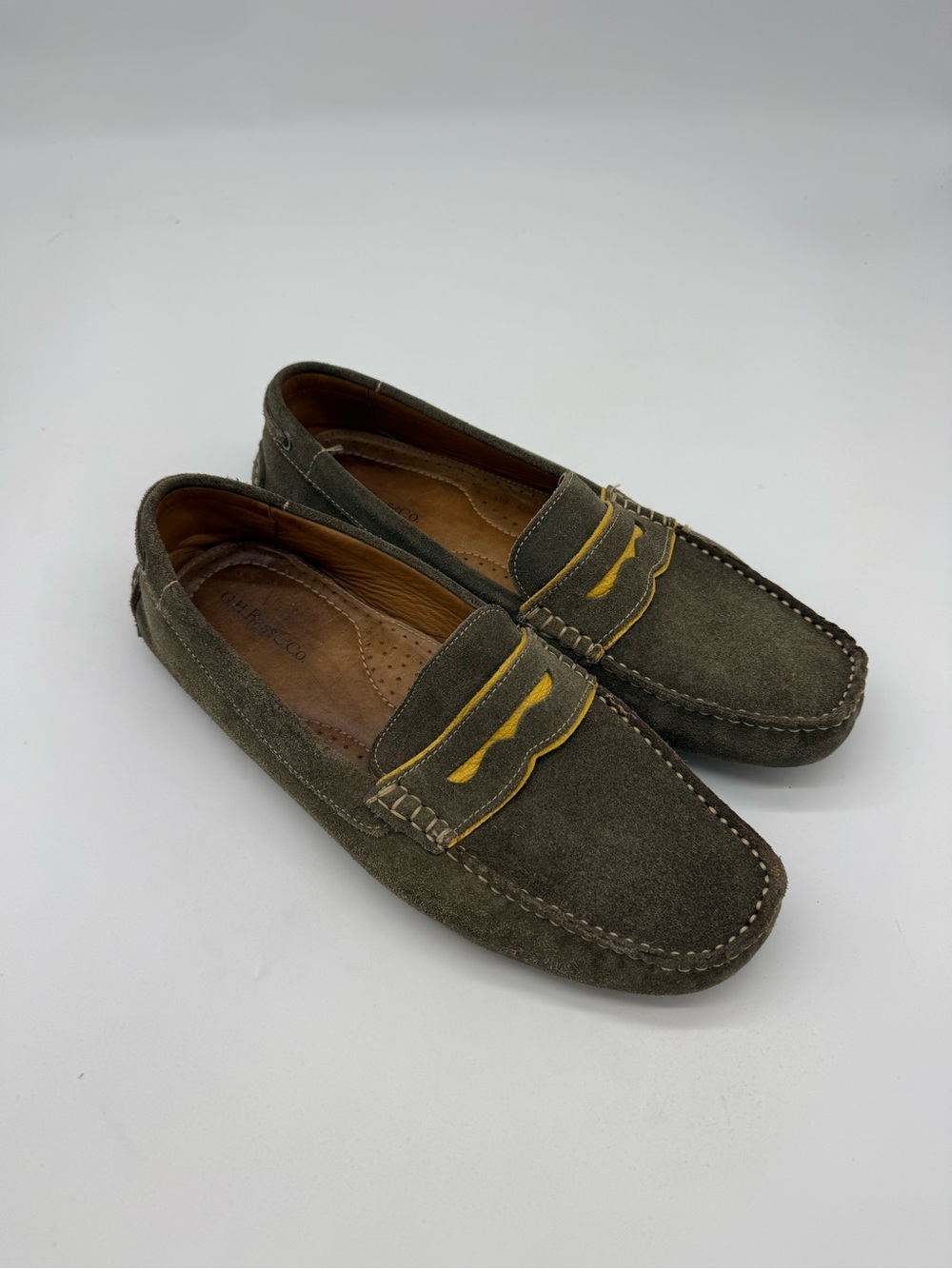 GH Bass & Co Driving Loafers Suede Leather Taupe Brown Green Size 11